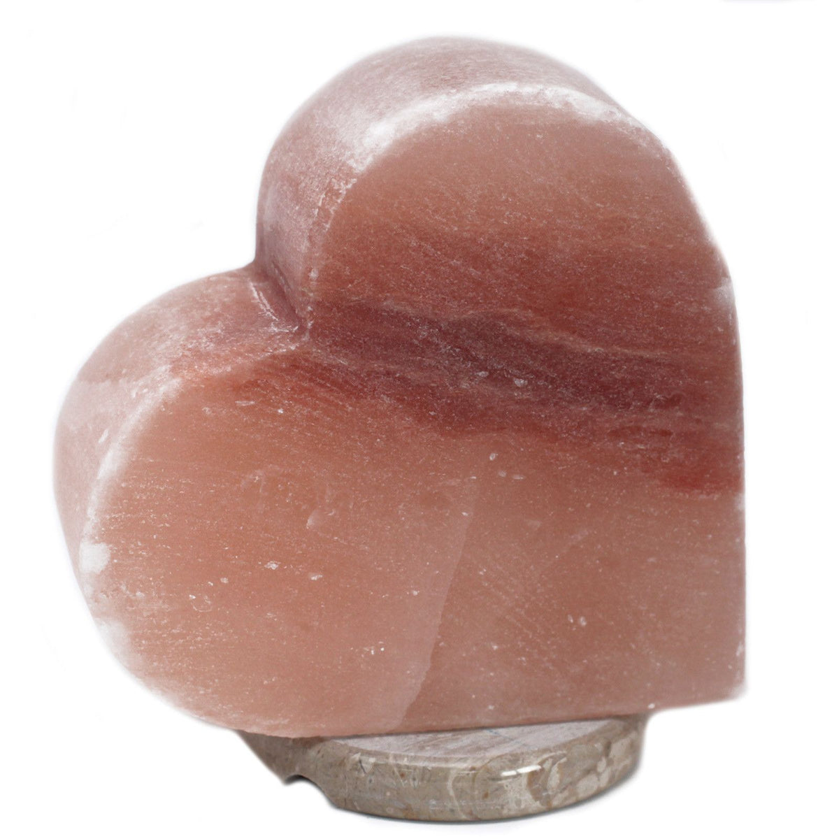 Crafted Salt lamp, Heart, pink carved heart-shaped lamp shown from the front on a round base