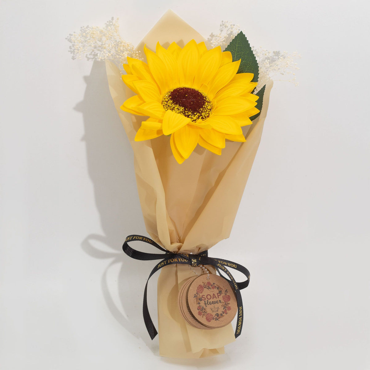 Soap Flower Single Sunflower, wrapped in cream paper with a black ribbon bow
