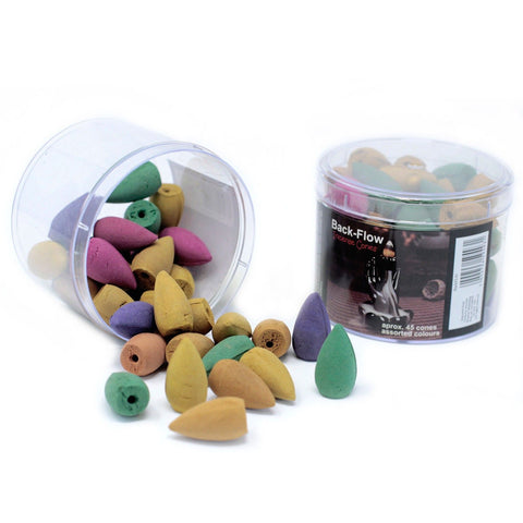 Tub of Assorted Back Flow Incense Cones, clear tub tipped beside loose coloured cones and a labelled tub