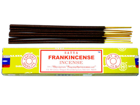 Satya Incense 15gm, Frankincense in a yellow-green packet, with dark incense sticks laid above