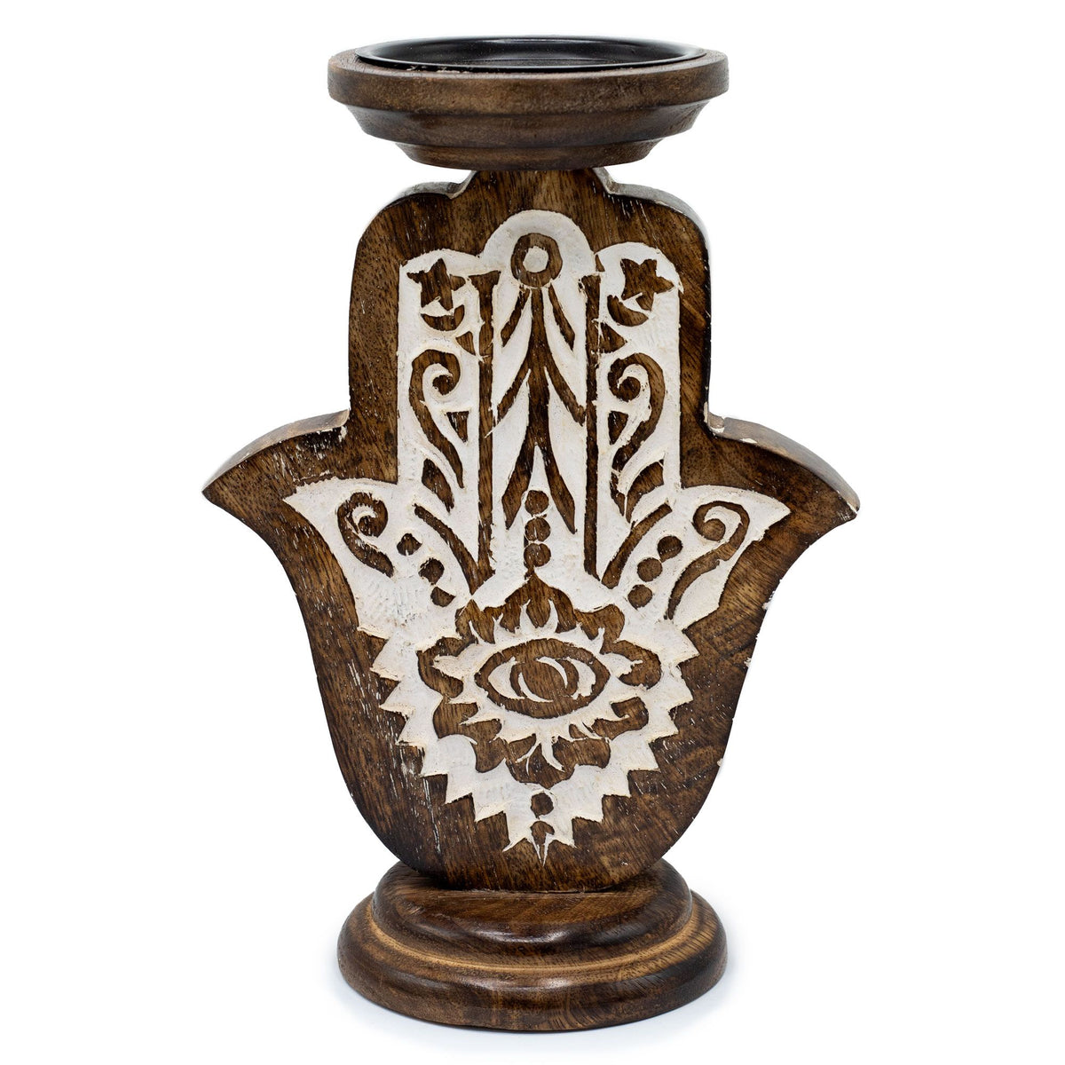 Large dark brown Hamsa candle stand shown upright from the front against a white background