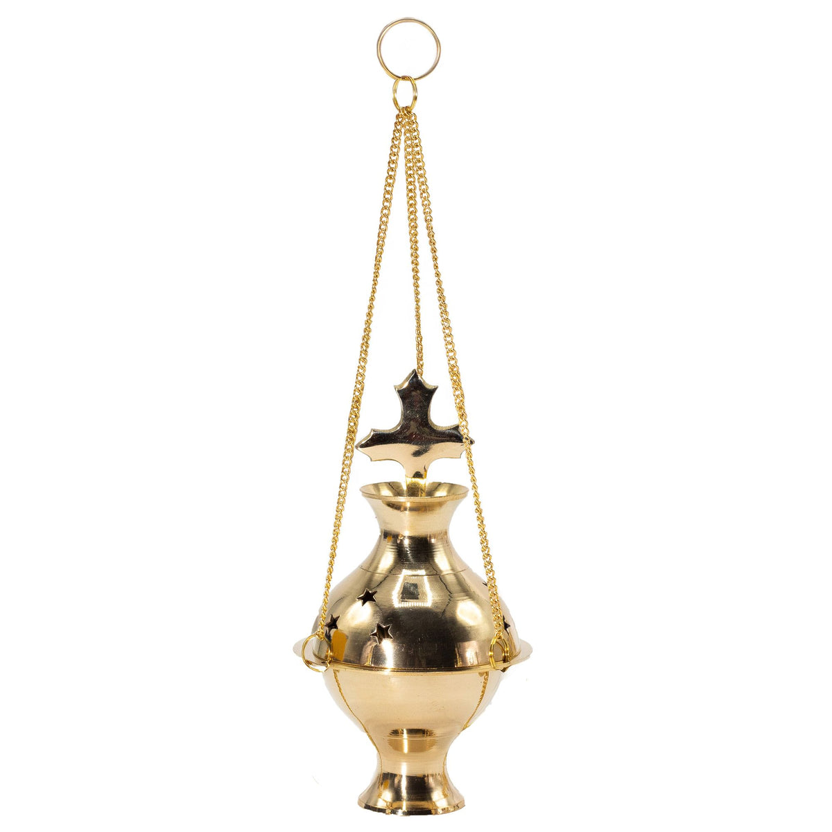 Hanging Brass Incense Burner, Cross, a polished gold-toned vessel suspended from chains against a white background