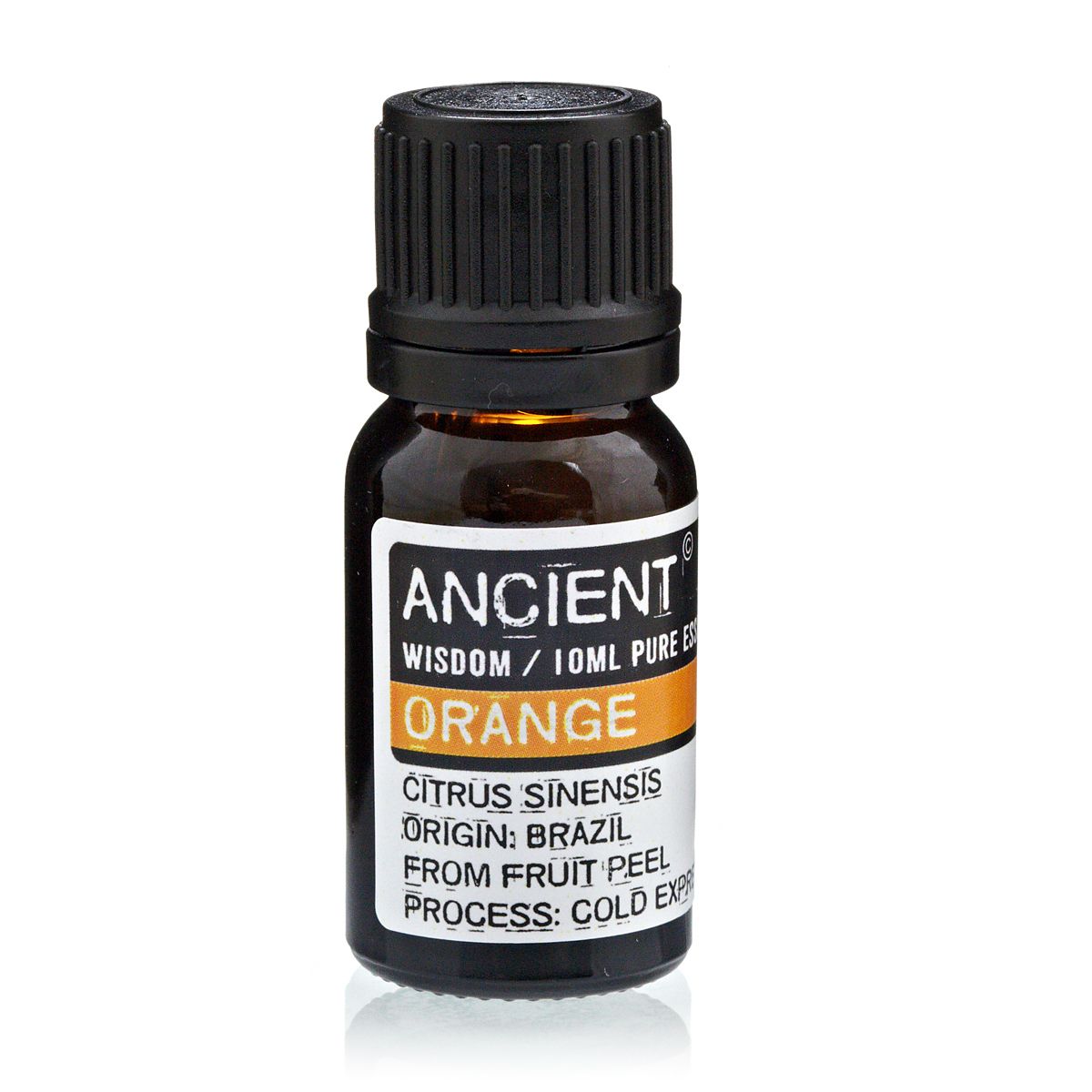 10 ml Orange Essential Oil in a dark amber bottle with a black ribbed cap, shown from the front
