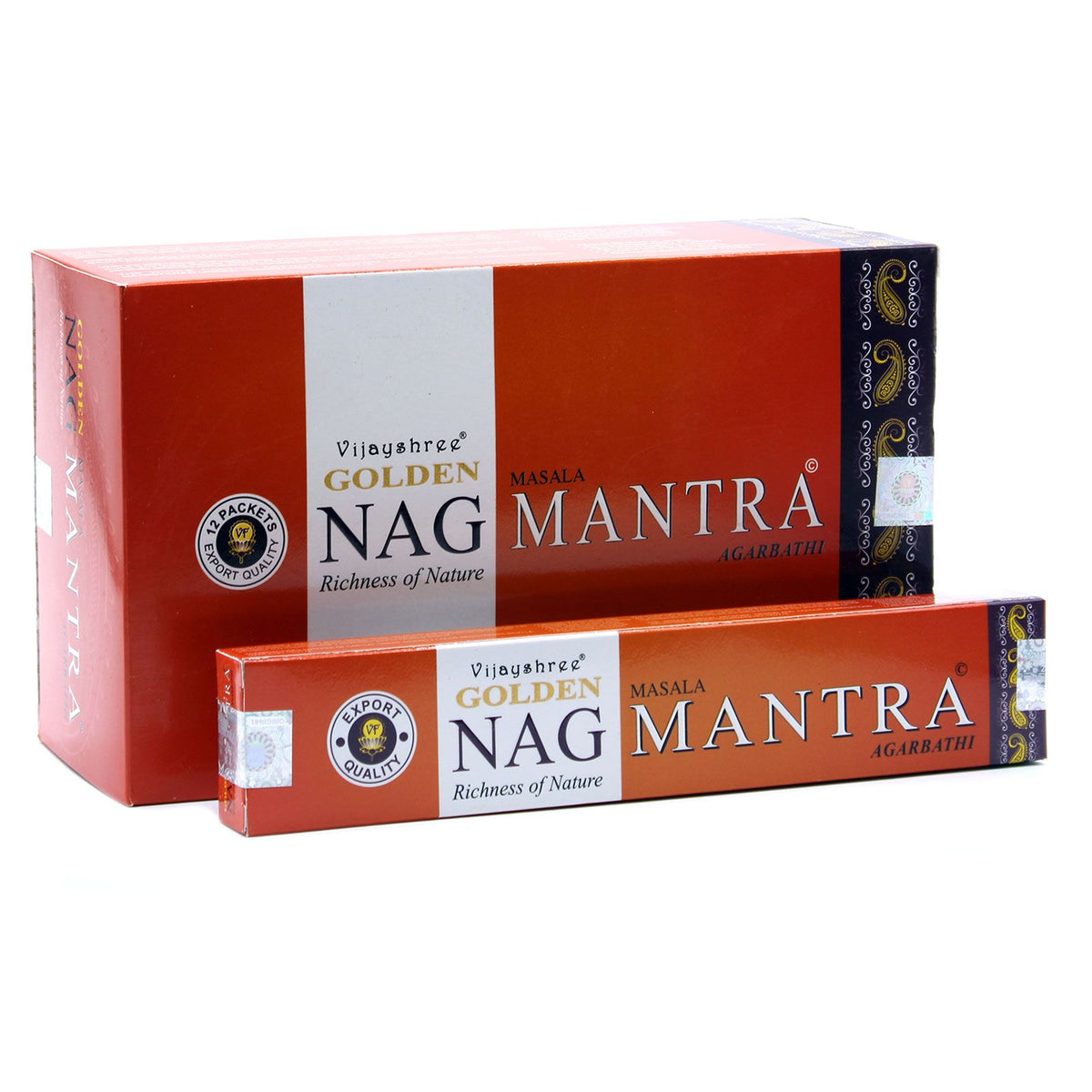 15g Golden Nag, Mantra Incense in orange and red packaging, box behind a matching incense carton, front view