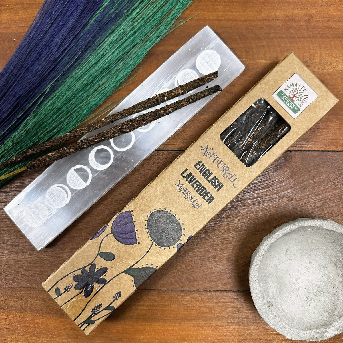 Natural Botanical English Lavender incense box open beside two loose sticks and dried flowers