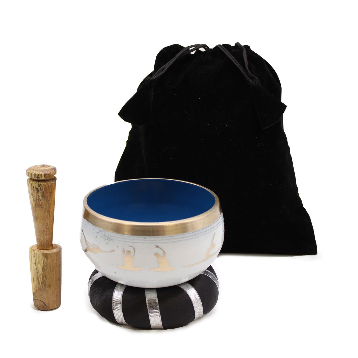 Yoga Moves singing bowl set, white bowl with blue interior, wooden striker, striped cushion and black pouch