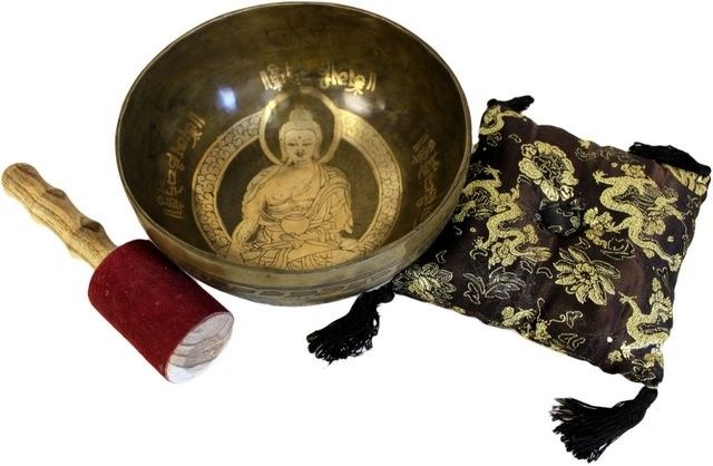 Brass Golden Buddha, Special S'Bowl Set with engraved bronze bowl, red and wooden striker, and patterned bag