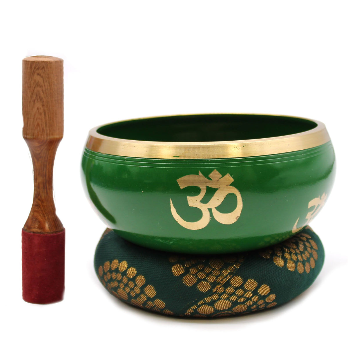 Green singing bowl with gold Om symbols on a patterned cushion, shown beside its wooden striker