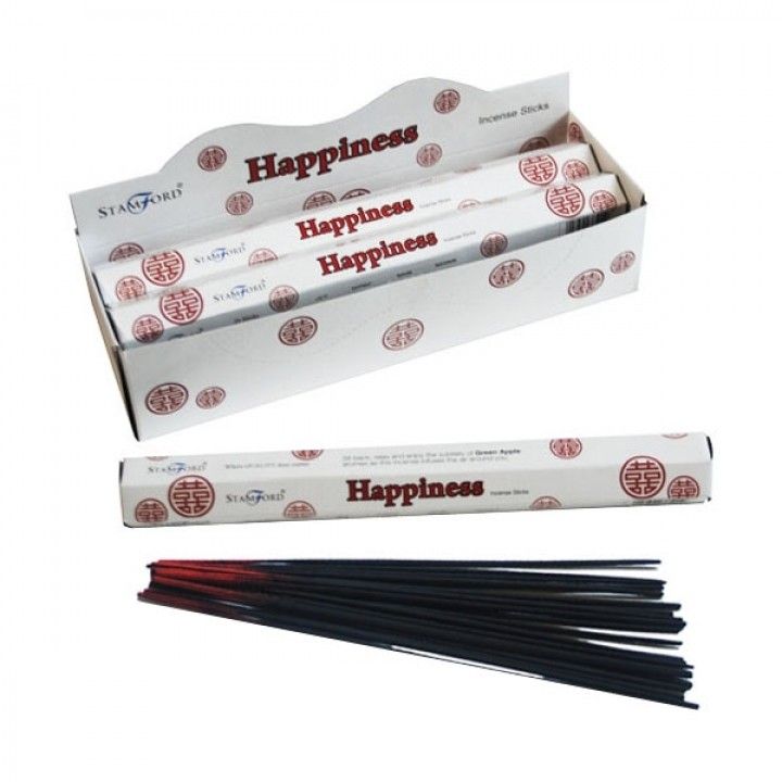 Happiness Premium Incense sticks beside their printed hexagonal box, with more packs displayed inside