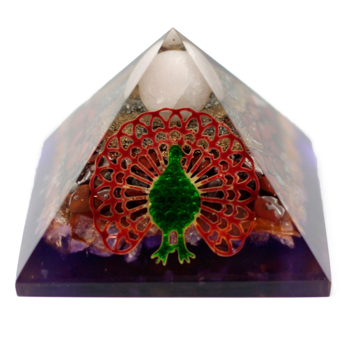 Lrg Organite Pyramid 80mm, Peacock, front view showing a green and red peacock inside a clear pyramid