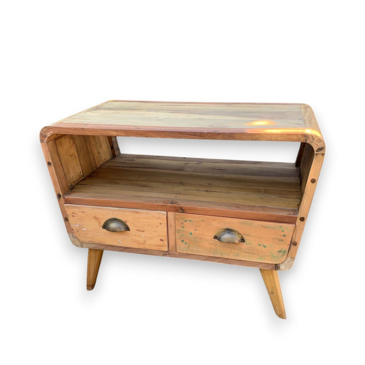 Round recycled wood TV stand isolated on white, showing its open shelf, two drawers and angled legs