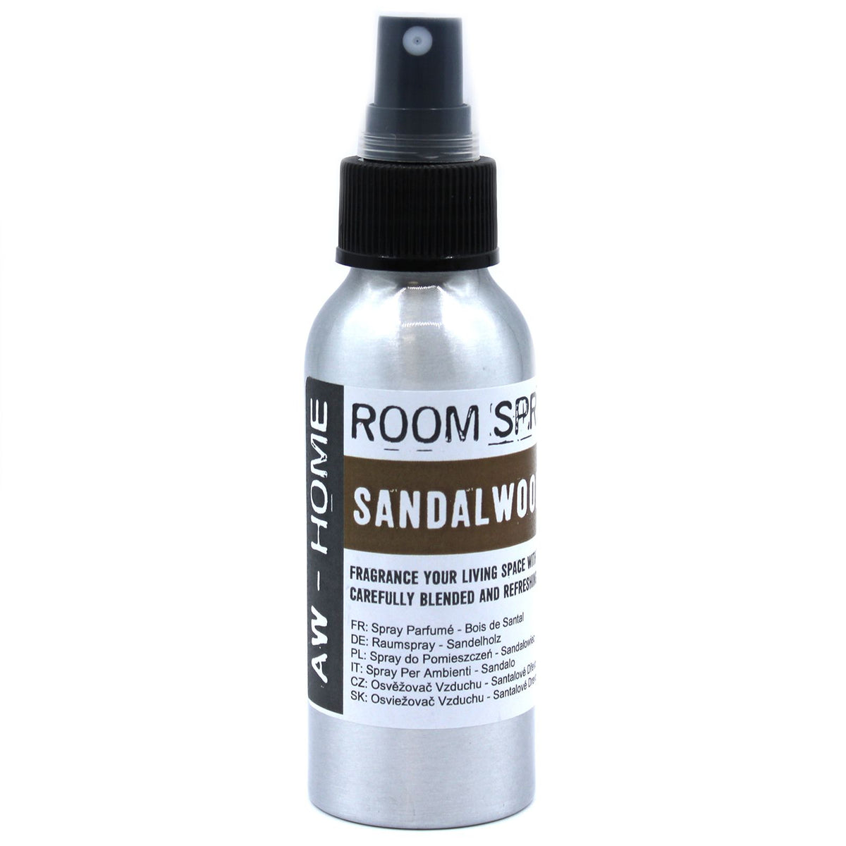 100ml Room Spray, Sandalwood in a silver bottle with a black spray top, shown upright from the front