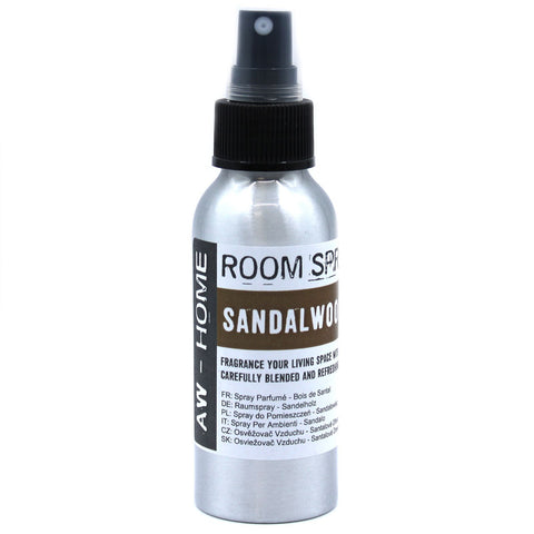 100ml Room Spray, Sandalwood in a silver bottle with a black spray top, shown upright from the front
