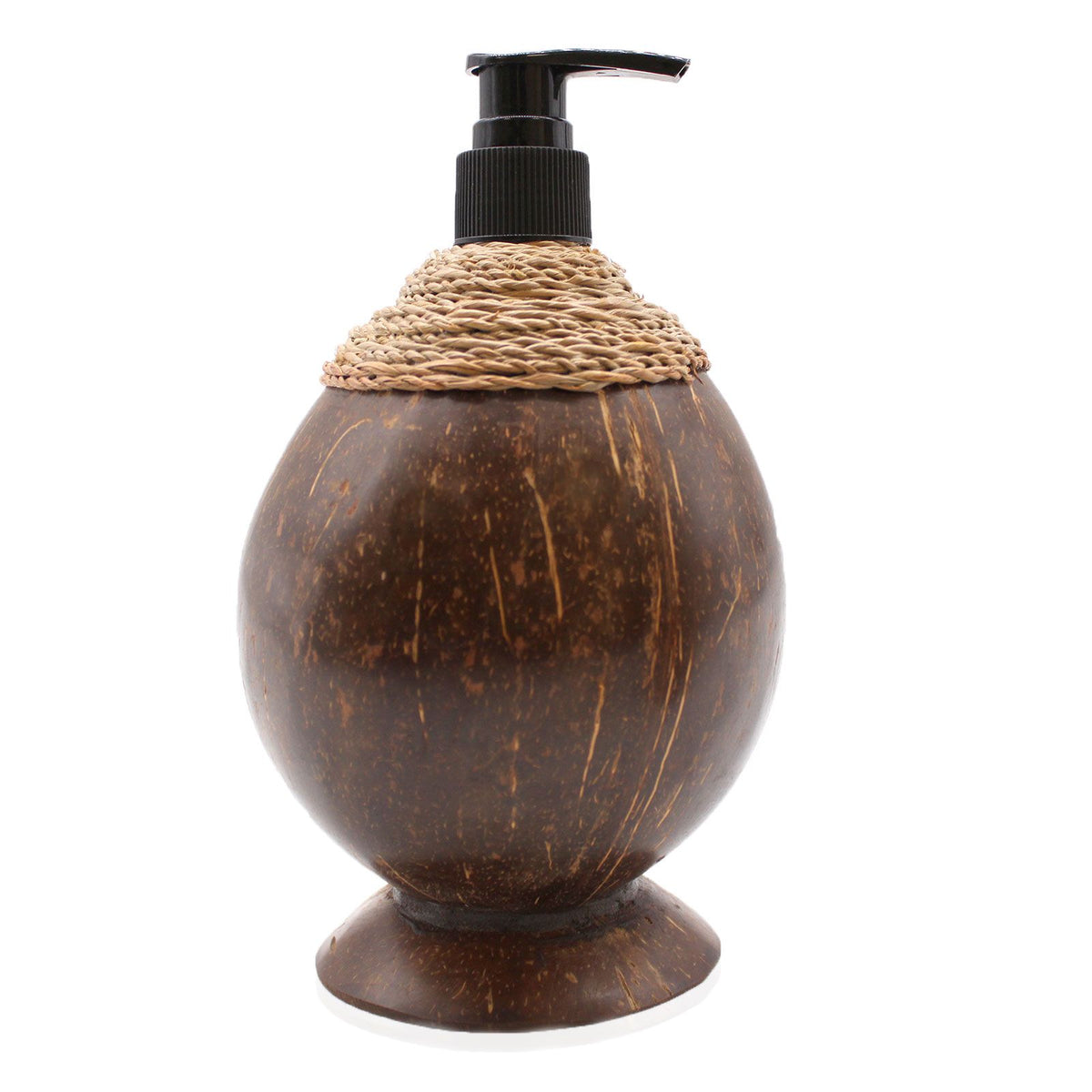 Full view of the dark brown coconut soap dispenser with its black pump fitted, on a white background