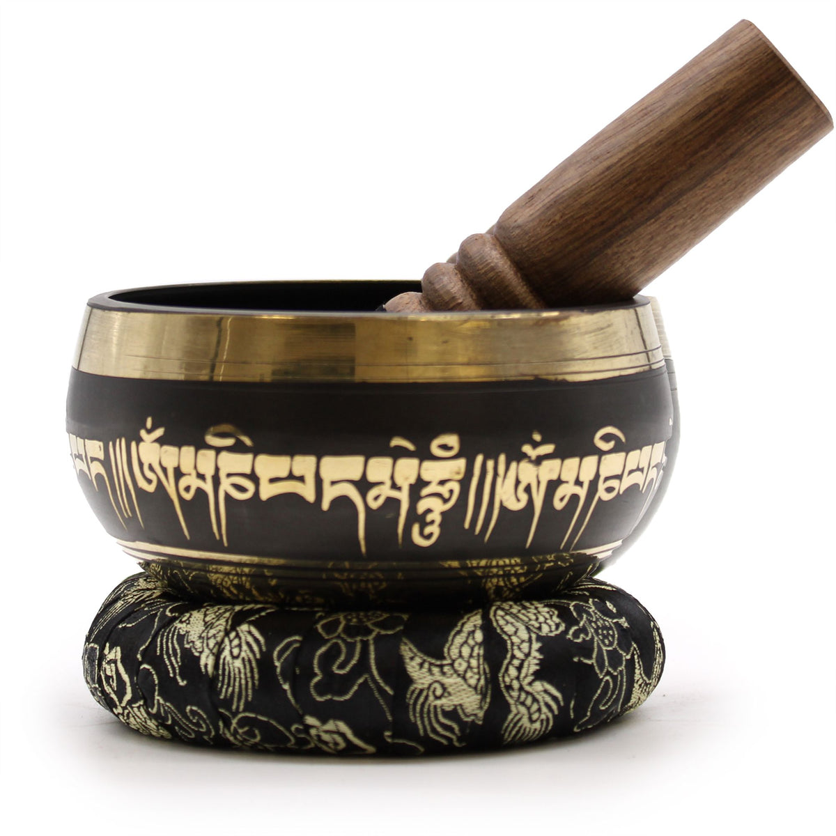Lotus Flower Singing Bowl Set, black and gold bowl on a patterned cushion with a wooden striker inside