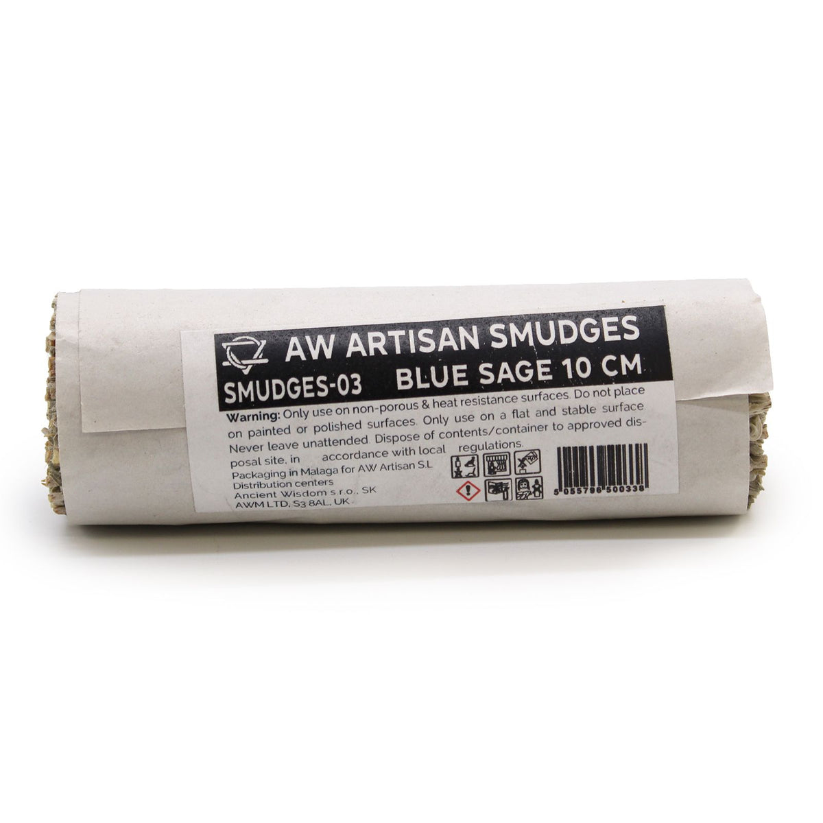 Smudge Stick, Blue Sage 10 cm wrapped in white paper, with its product label facing forwards