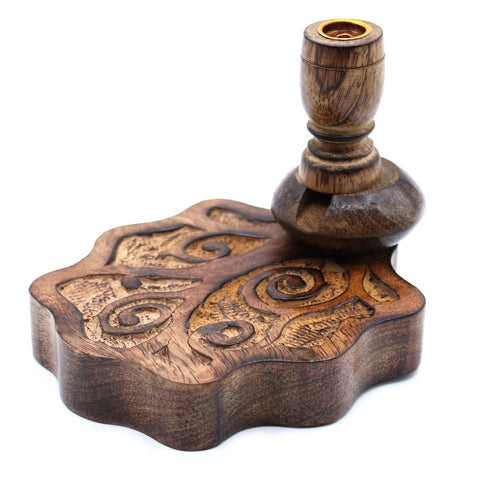 Sm Mango Wood Backflow Burner, Tree of Life, brown carved burner shown from the front on white