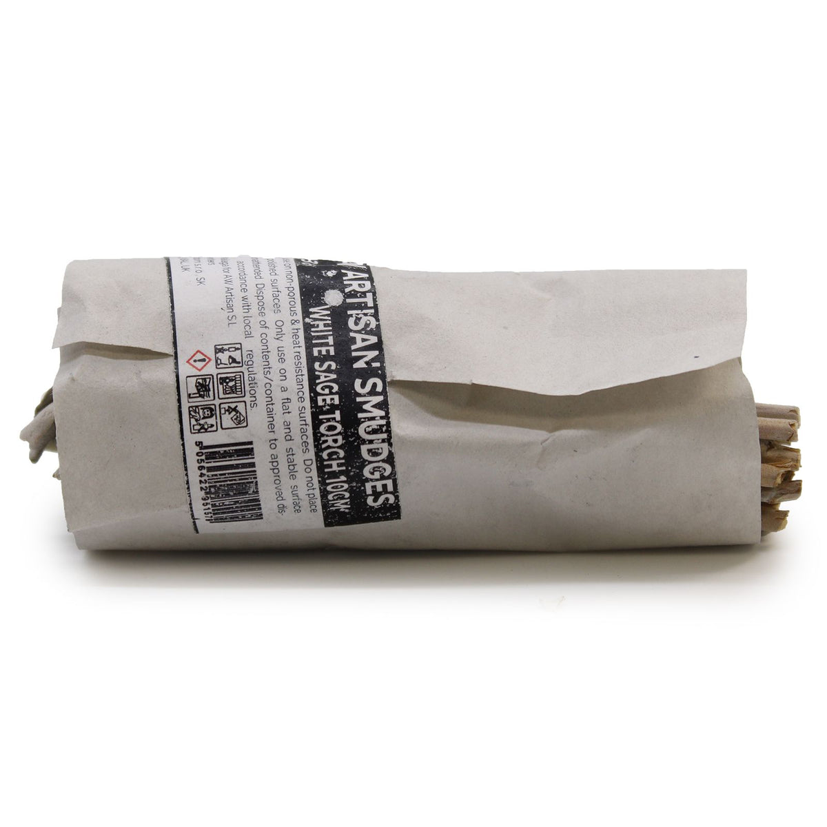 Smudge Stick, White Sage Torch 10cm wrapped in grey paper with a printed label, shown from the side