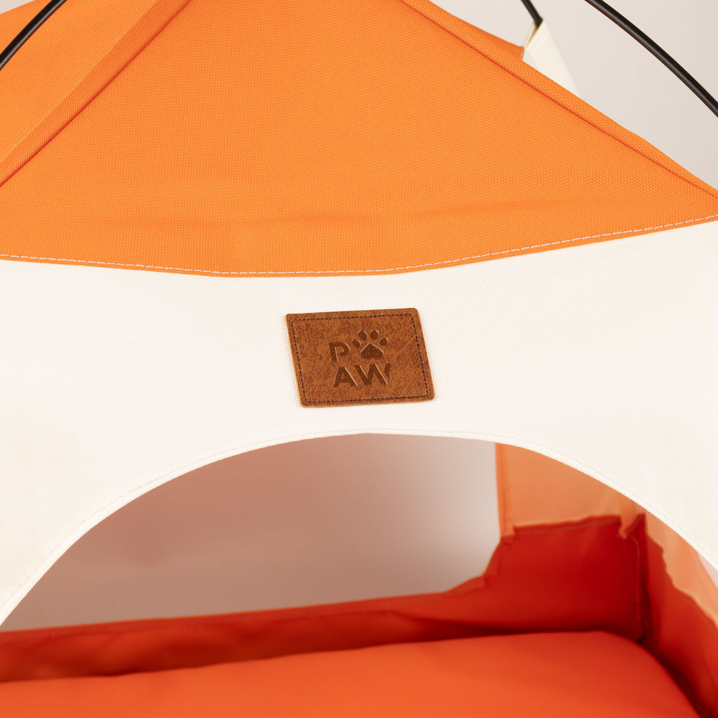 Close-up of the tent bed's front and fabric label