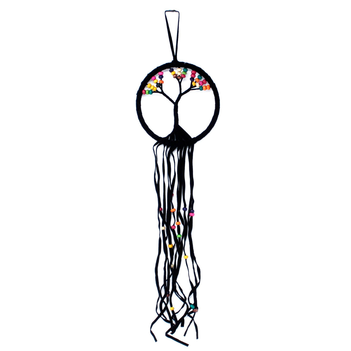 Black Tree of Life Dreamcatcher shown front on against white, with a beaded tree and dangling strands