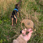 Lead held in hand while attached to a dog on a path