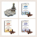 The four pieces in the Backflow Set: a carved mango wood backflow burner and three boxes of backflow cones.