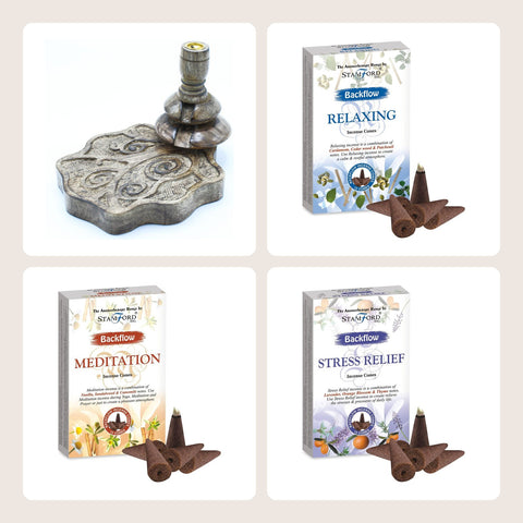 The four pieces in the Backflow Set: a carved mango wood backflow burner and three boxes of backflow cones.