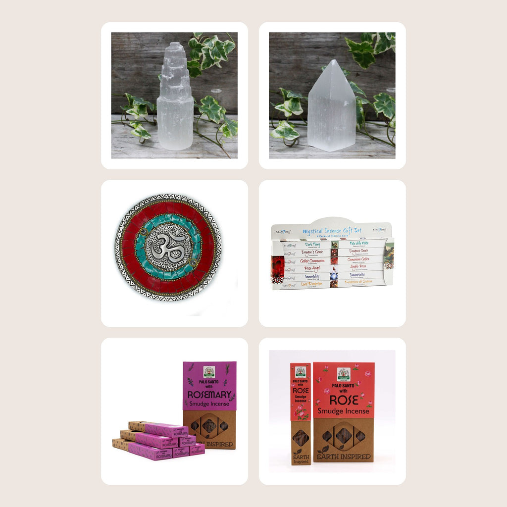 The six pieces in the First Ritual Set: two selenite towers, a mosaic Om plate holder, a boxed incense gift set and two packs of smudge incense.