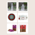 The six pieces in the First Ritual Set: two selenite towers, a mosaic Om plate holder, a boxed incense gift set and two packs of smudge incense.