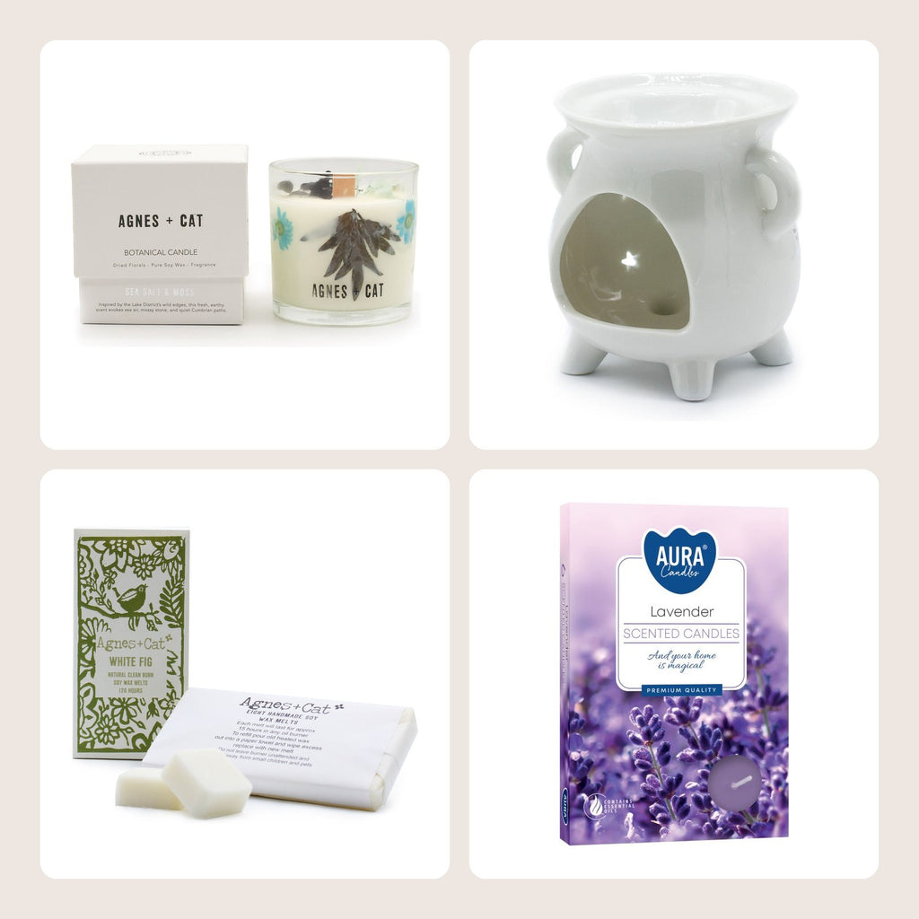 The four pieces in the Wind-Down Set: a boxed soy candle, a white ceramic cauldron burner, a box of wax melts and a pack of tealights.