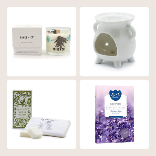The four pieces in the Wind-Down Set: a boxed soy candle, a white ceramic cauldron burner, a box of wax melts and a pack of tealights.