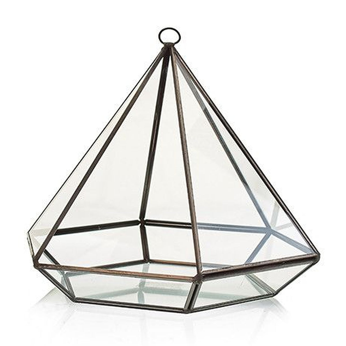 Empty large diamond glass terrarium shown from the front against a white background