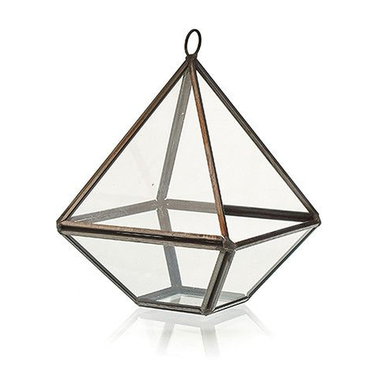 Empty Small Diamond glass terrarium with a dark metal frame, shown alone against a white background