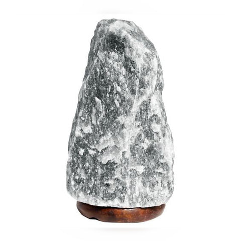 Grey Himalayan Salt Lamp, rough grey and white stone lamp on a dark wooden base, front view