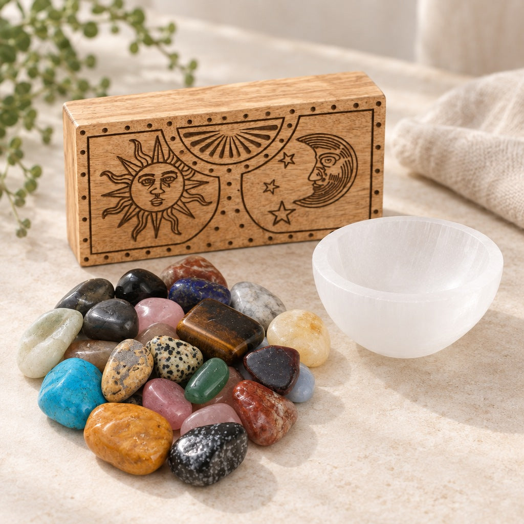 Mixed tumbled stones, a mango wood box carved with a sun and moon, and a small white selenite bowl