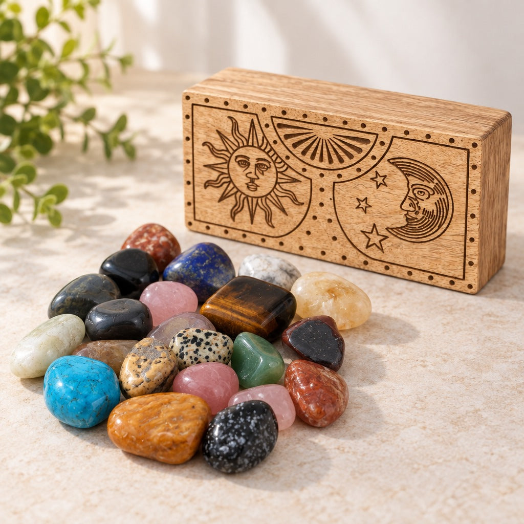 About 25 mixed tumbled stones in front of a mango wood box carved with a sun and moon