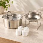 Stainless steel cat water fountain, four white replacement filters and a raised steel cat-face bowl
