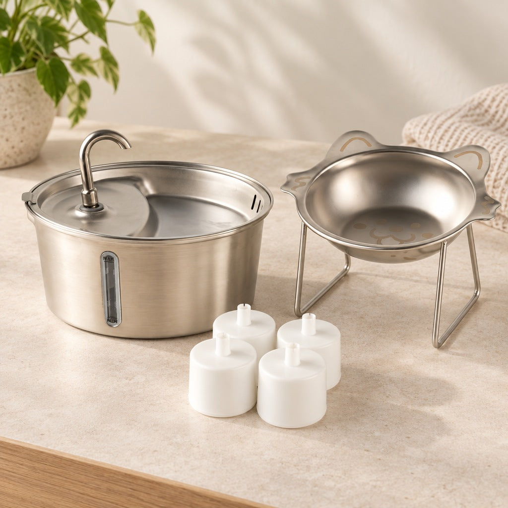Stainless steel cat water fountain, four white replacement filters and a raised steel cat-face bowl