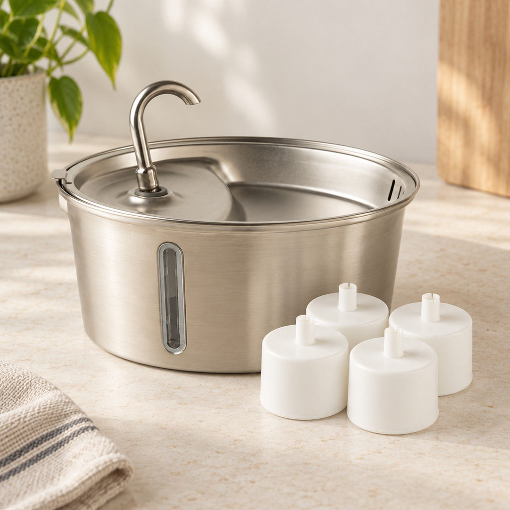 Stainless steel cat water fountain with a curved spout beside four white replacement filters on a worktop