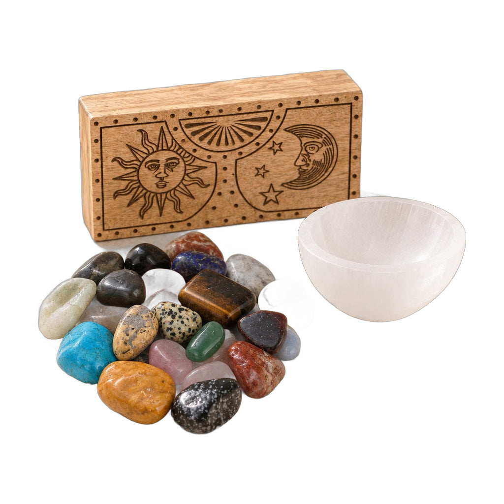 Mixed Tumble Stones Gift Set with Carved Crystal Box and Selenite Dish on a plain white background