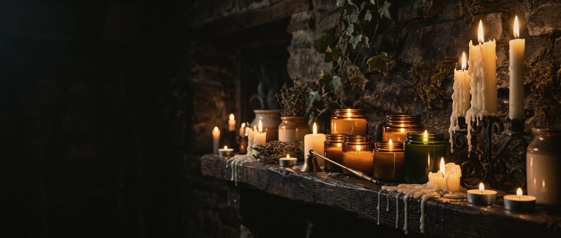 A shelf of lit candles in an old apothecary at night, wax dripping over the edge