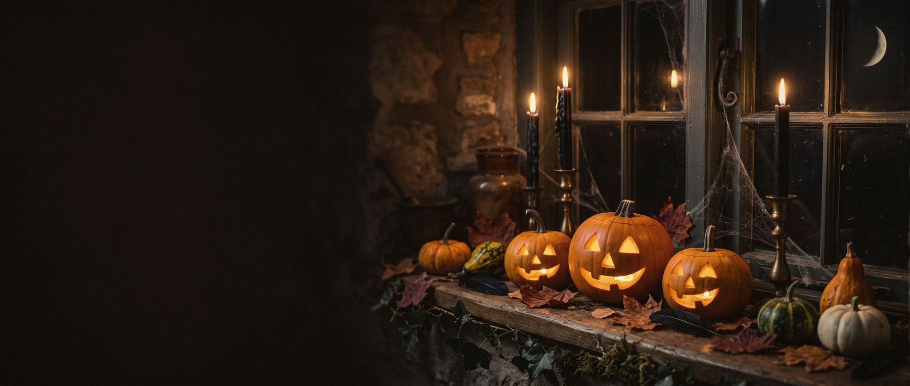 Three carved pumpkins glowing on an old window ledge with tall black candles, gourds, fallen leaves and a crescent moon outside